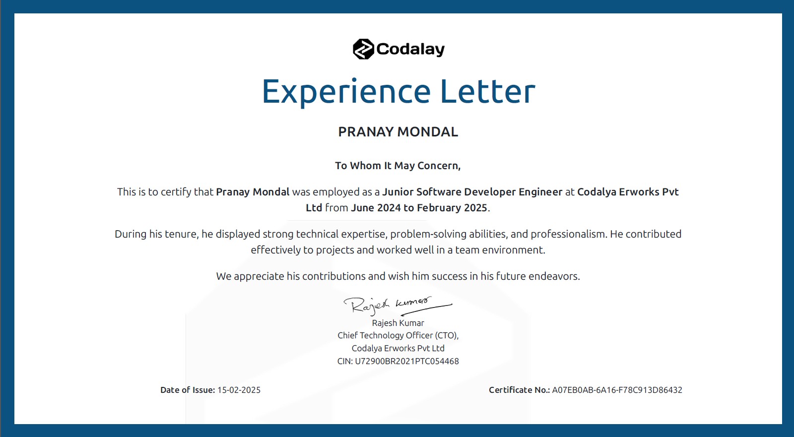 Junior Software Developer Engineer from Codalya Er Pvt Ltd
