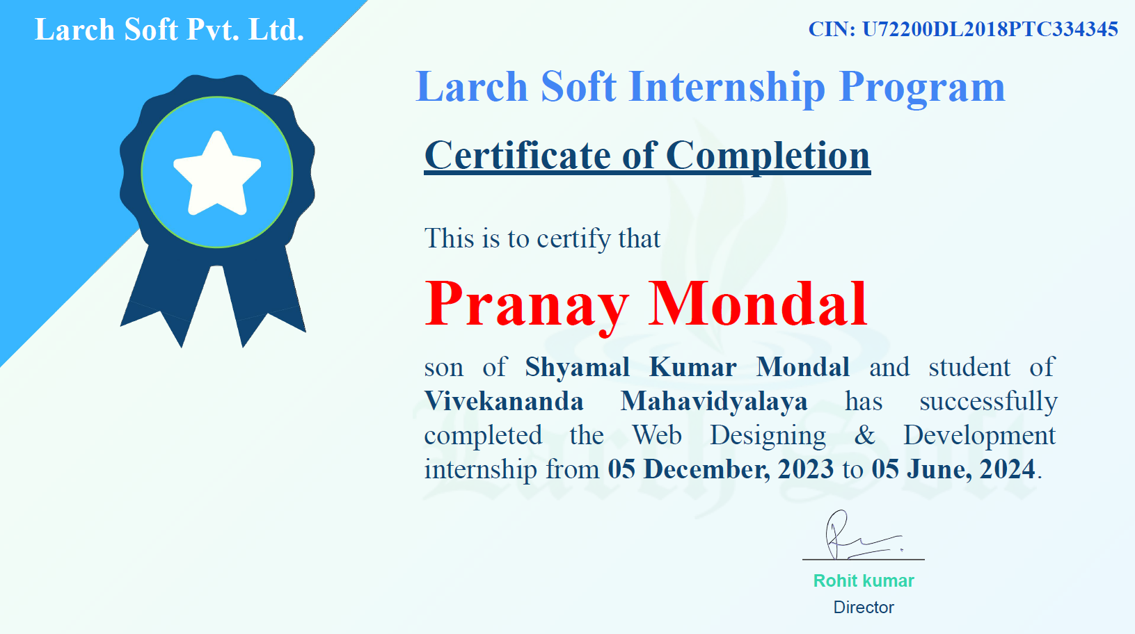 Web Development Internship Certificate From Larch Soft Pvt. Ltd.