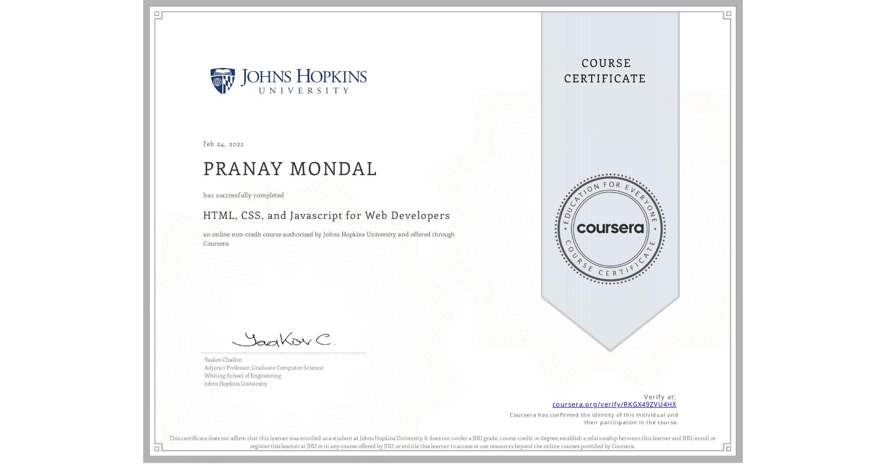 HTML, CSS, JS AND JAVASCRIPT for Web Developer from COURSERA