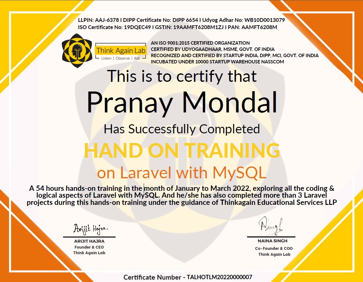 HAND ON TRAINING on Laravel with MySQL from Think Again Lab