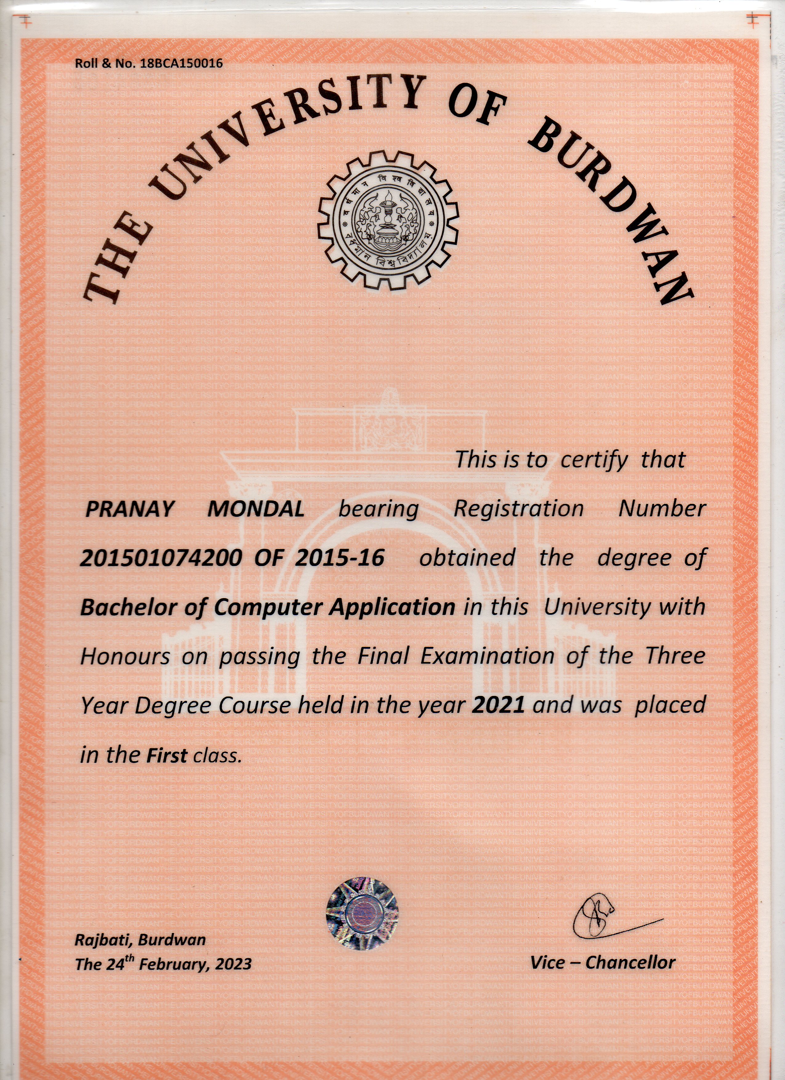 Cetificate In BCA from The University Of Burdwan